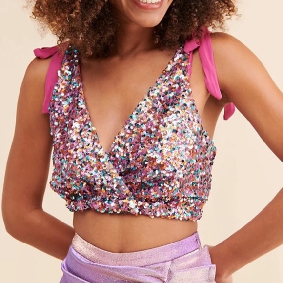 Free People Big Night Multi-Colored Sequin Crop Top - Picture 1 of 14